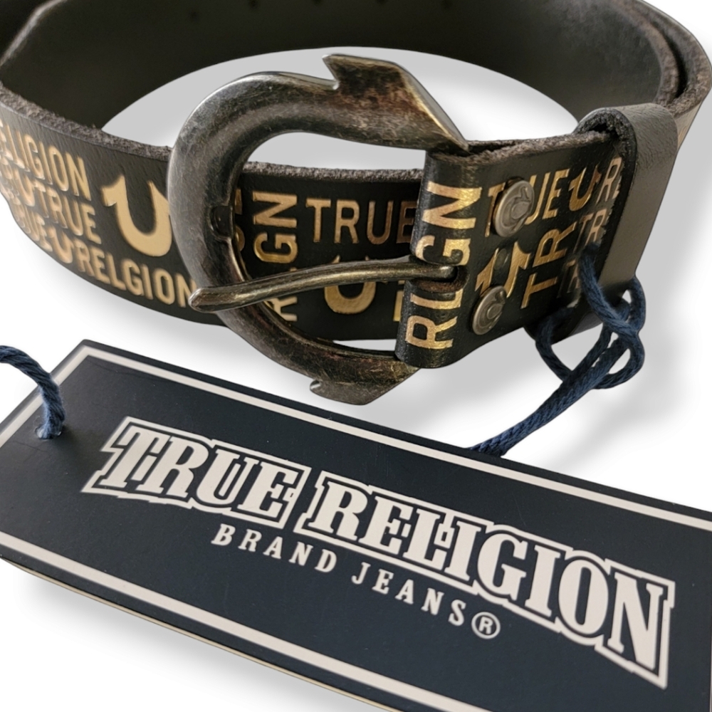 True Religion Horseshoe Buckle Black & Gold Monogram Men's Belt